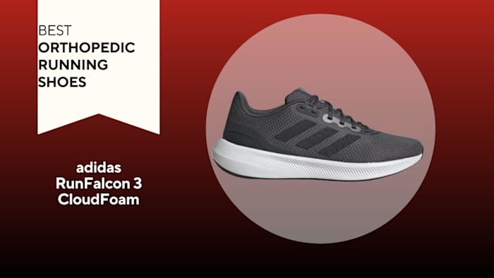 A red and black background with a white banner that reads Best Orthopedic Running Shoe next to an adidas RunFalcon 3 Cloudfoam shoe