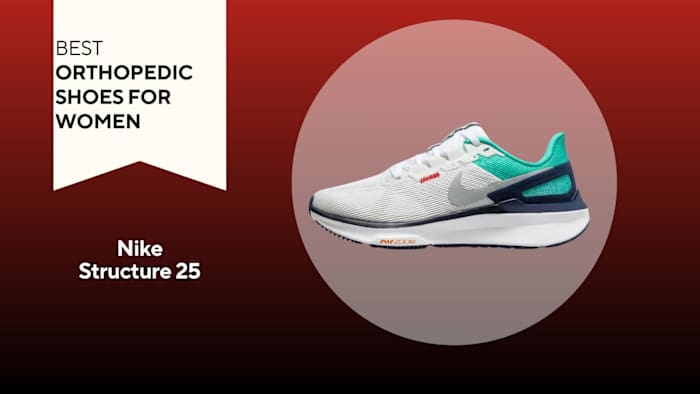 A red and black background with a white banner that reads Best Orthopedic Shoes for Women beside a Nike Structure 25