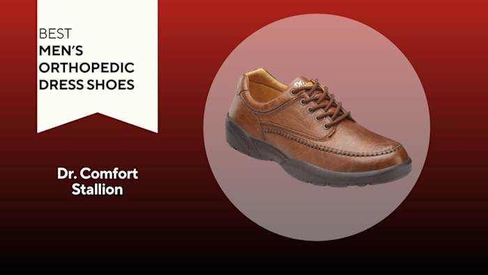 A red and black background with a white banner that reads Best Men's Orthopedic Dress Shoes next to a brown Dr. Comfort Stallion shoe