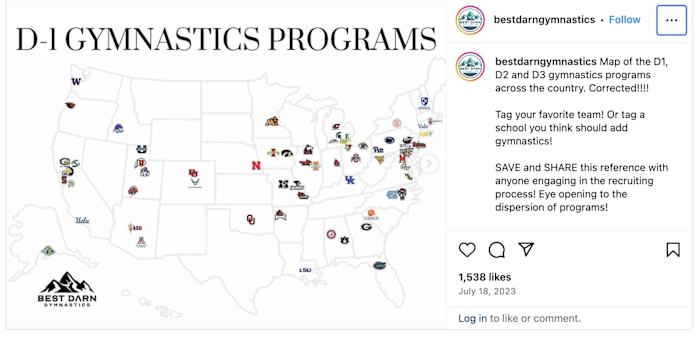 A graphic showing all the Division I gymnastics programs in the United States.
