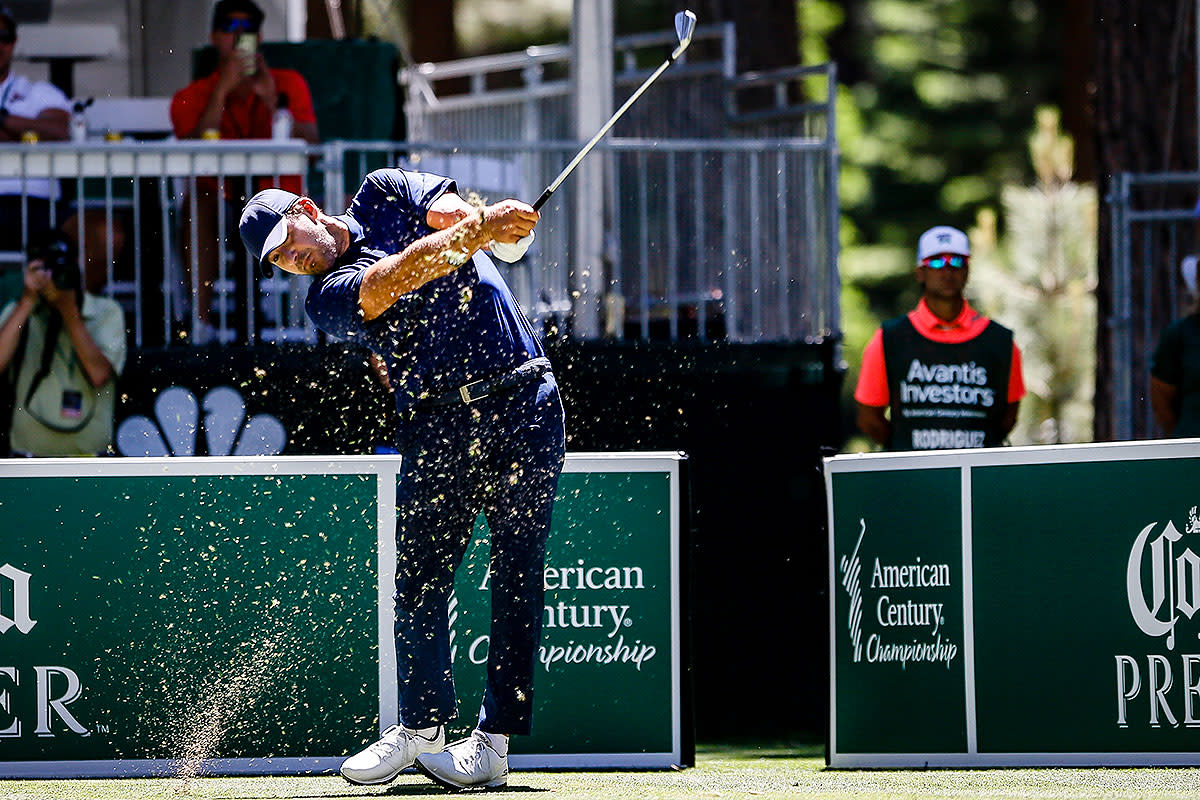 Tony Romo tees off at the American Century Championship.