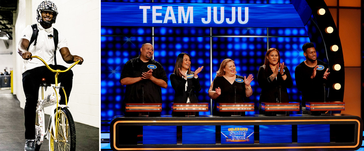 His bike remains Smith-Schuster's preferred mode of transportation. Meanwhile, he made an appearance on Celebrity Family Feud with (left to right): uncle John Toa, aunt Bernadine Toa, aunt Jane Faatoalia, and mom Sammy.