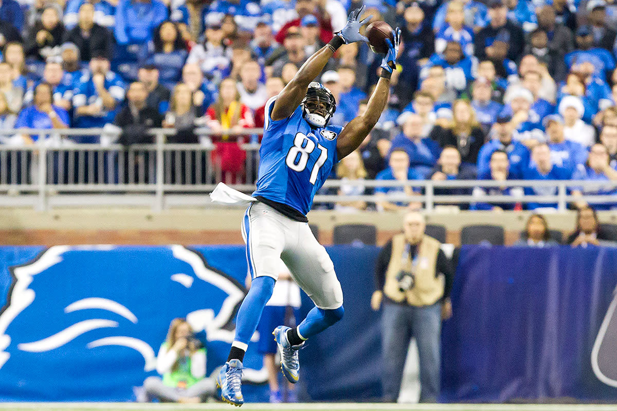 Calvin Johnson goes up for a catch in what would turn out to be his last NFL game at Ford Field.