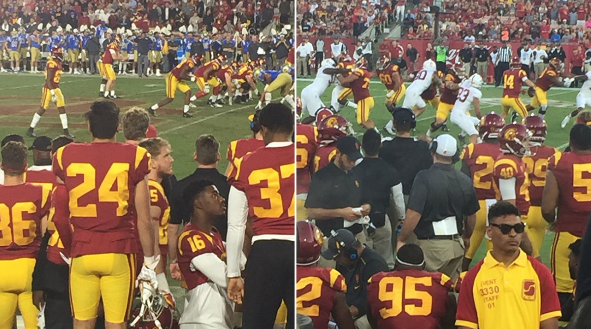 GM’s-eye view: As he did when scouting other QBs, Maccagnan bought a seat in the front row behind the Trojans bench, to get as close to the action as possible and better see how Darnold interacted with his teammates.