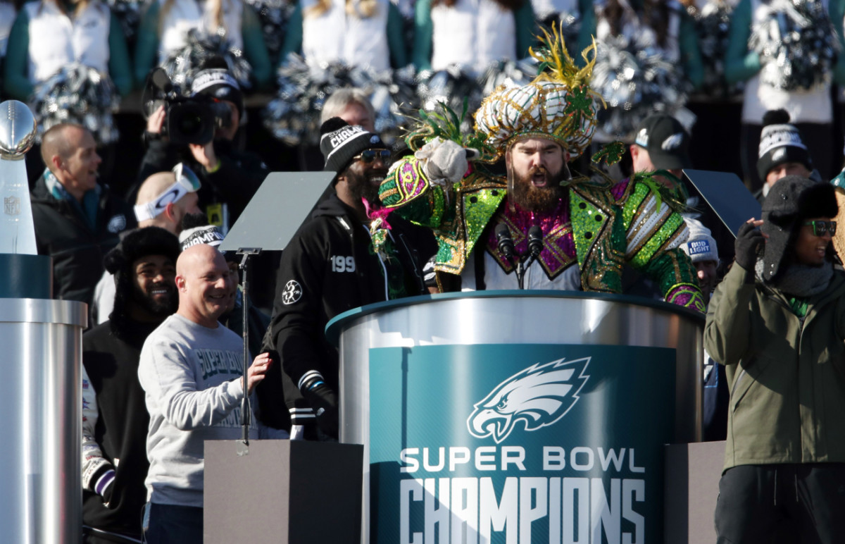 In full Mummers' get-up, Kelce launched into a memorable rant during the Super Bowl celebration, defending his fellow linemen and the city of Philadelphia.