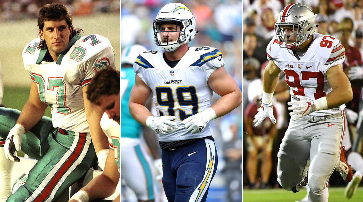John Bosa (left) was a first-round draft pick by the Dolphins, but fizzled out after a knee injury. Joey (center) is in his second year with the Chargers and Nick (right) is a sophomore with Ohio State.