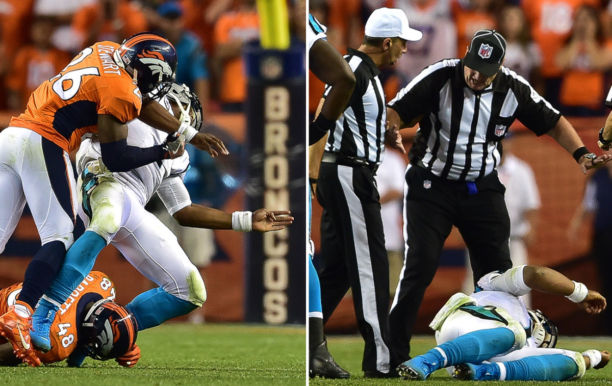 Newton took a number of head shots in last year's season opener, including this one from Denver safety Darian Stewart.