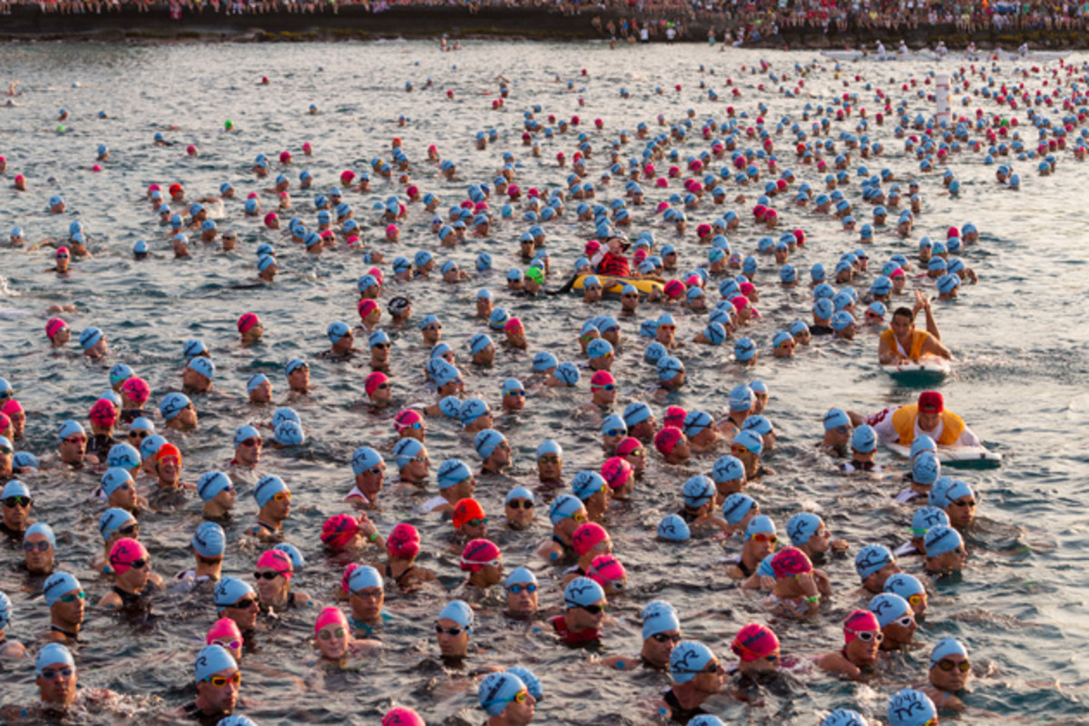 Triathletes await the start of the 2.4 mile swim portion of the Ironman World Championships.