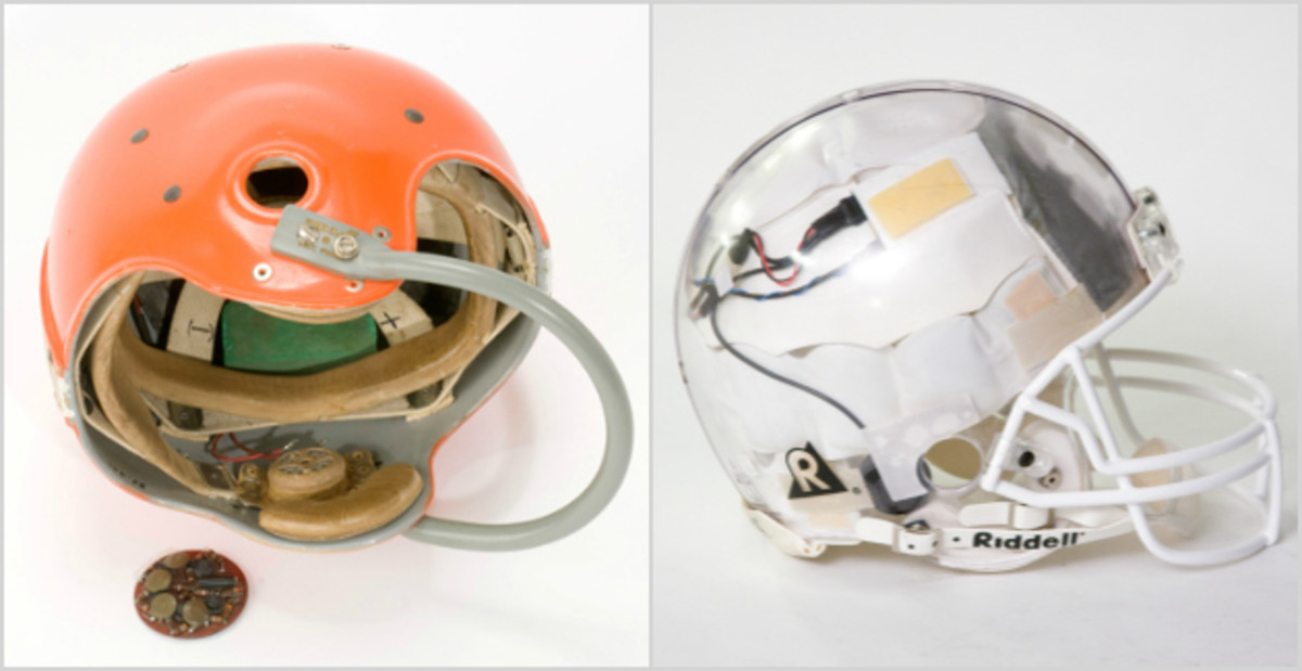 The helmet used by Browns quarterback George Ratterman back in the '50s compared with a modern day version that shows the wiring inside.
