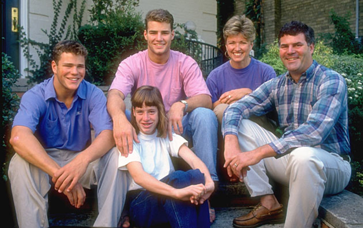 The Lindros family (left to right): Brett, Eric, Bonnie, Carl, Robin (front).