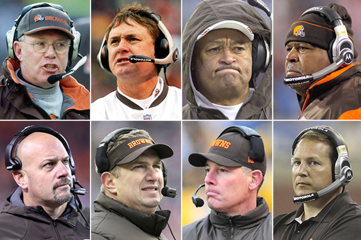Seventeen seasons of coaches (clockwise): Chris Palmer (1999-2000), Butch Davis (2001-04), Terry Robiskie (interim, ’04), Romeo Crennel (’05-08), Eric Mangini (’09-10), Pat Shurmur (’11-12), Rob Chudzinski (’13), Mike Pettine (’14-???)