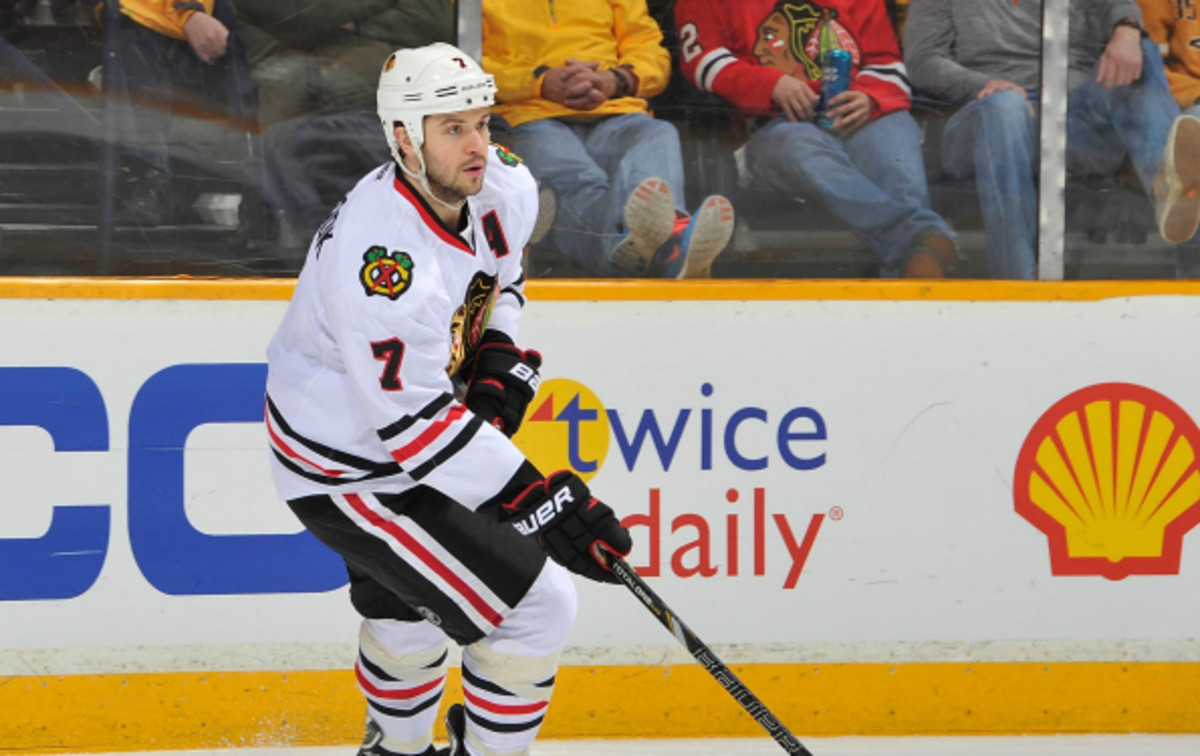 Brent Seabrook was ejected from Game 2 after his hit on David Backes. (Frederick Breedon/Getty Images)