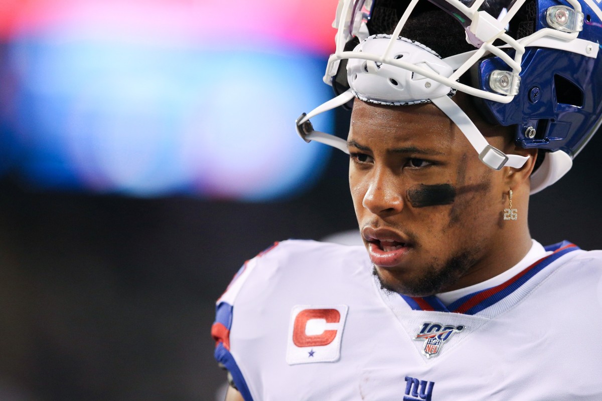 Nov 4, 2019; East Rutherford, NJ, USA; New York Giants running back Saquon Barkley (26) during warm ups before a game against the Dallas Cowboys at MetLife Stadium.