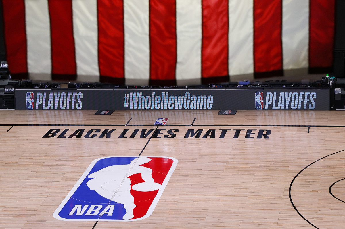 An empty court and bench is shown following the scheduled start time in Game Five of the Eastern Conference First Round between the Milwaukee Bucks and the Orlando Magic during the 2020 NBA Playoffs