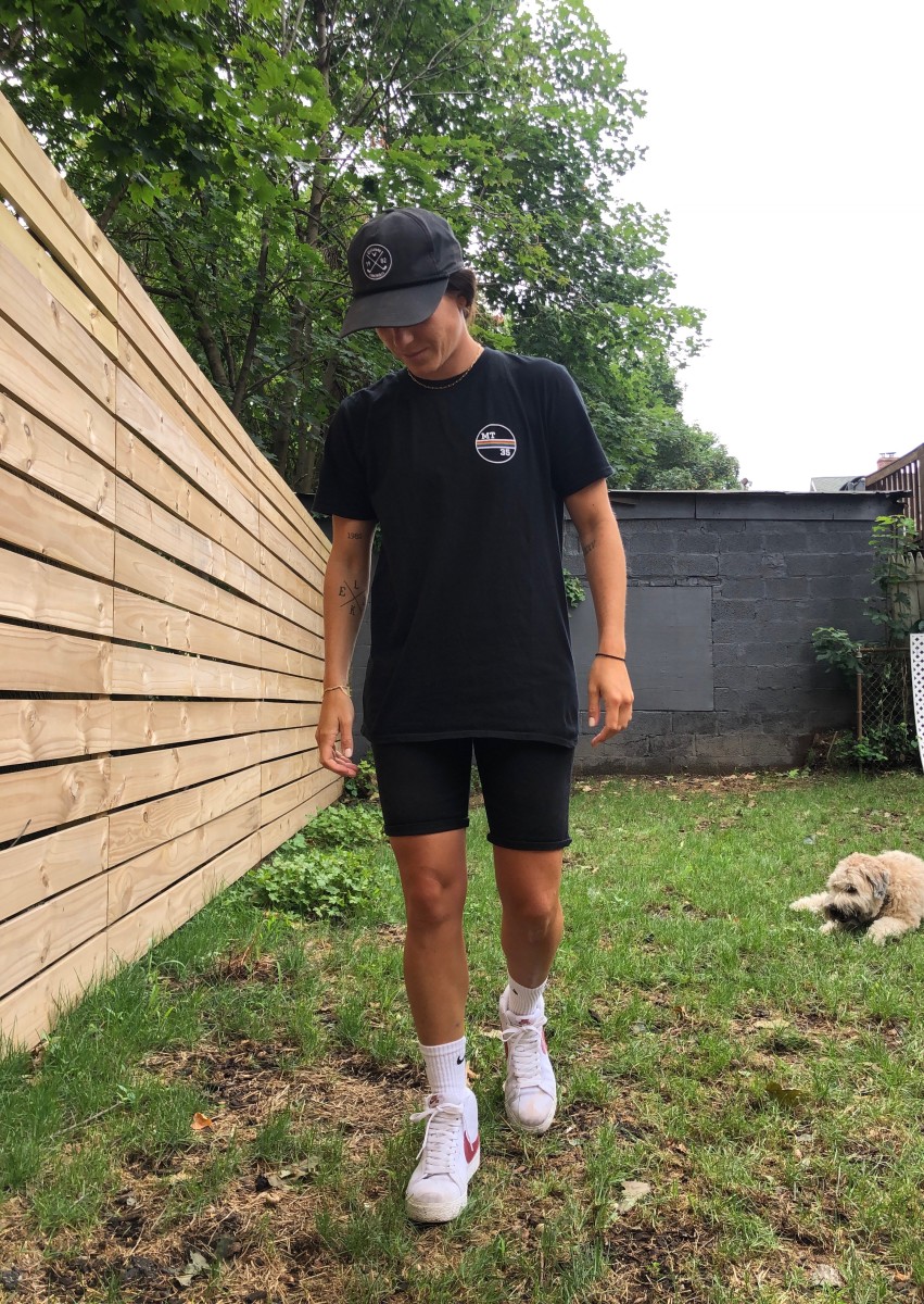 Michelle Tumolo wearing her MT35 t-shirt in black. 