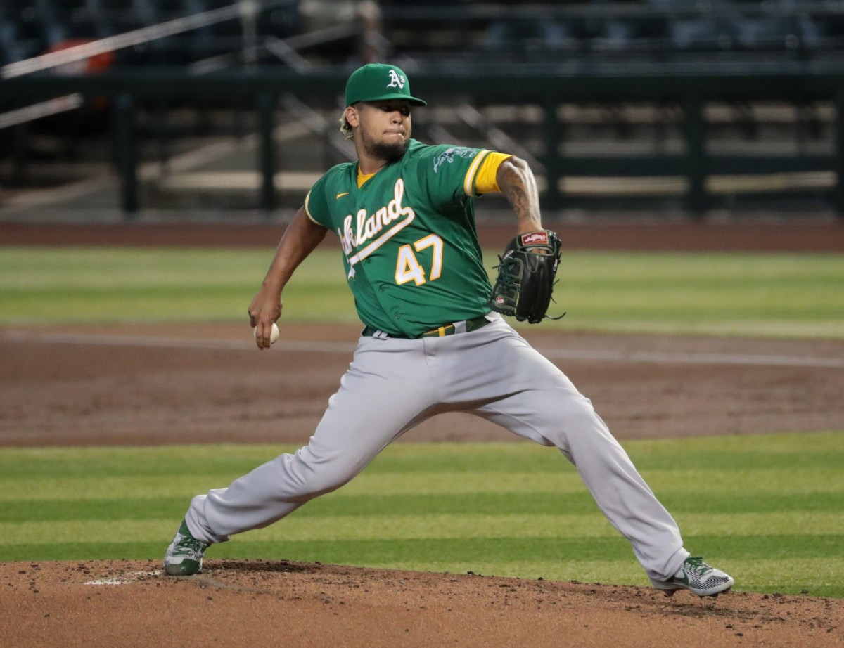 Oakland Athletics starting pitcher Frankie Montas (47) throws a pitch against the Arizona Diamondbacks during the first inning at Chase Field Aug 18, 2020. Athletics Vs Diamondbacks