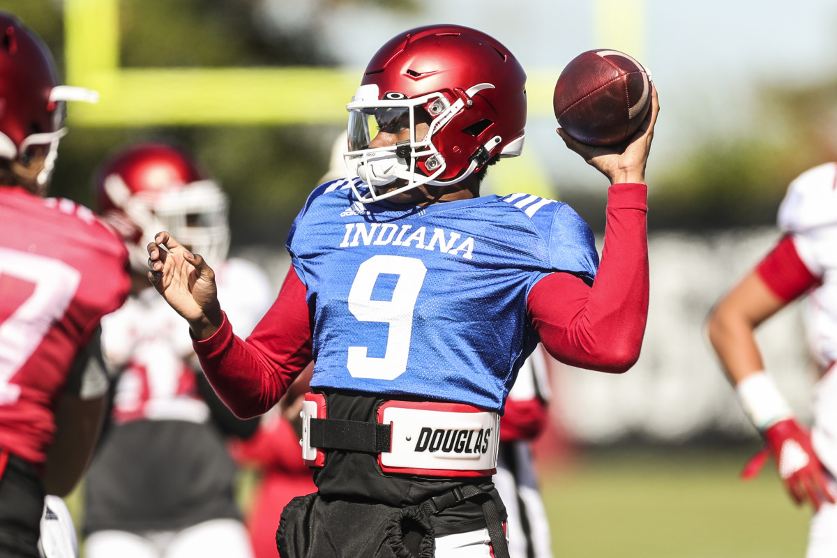 Michael Penix Jr. throws the ball during Indiana's fall camp on Oct. 6.