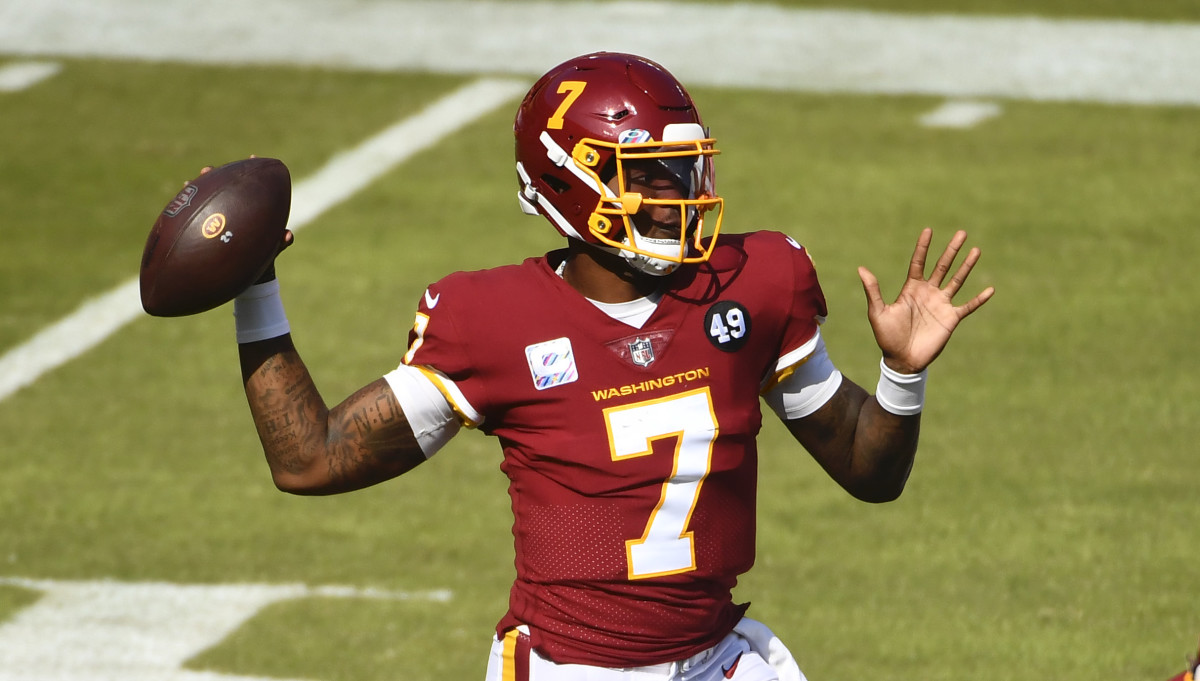 Washington Football Team quarterback Dwayne Haskins (7) throws a pass against the Baltimore Ravens during the second half at FedExField.