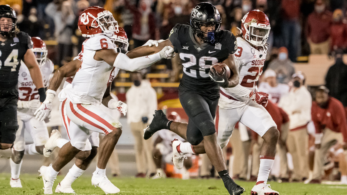 Breece Hall is the leading rusher in the Big 12 averaging 132.8-yards a game. Chuba Hubbard is third averaging 113-yards a game. 