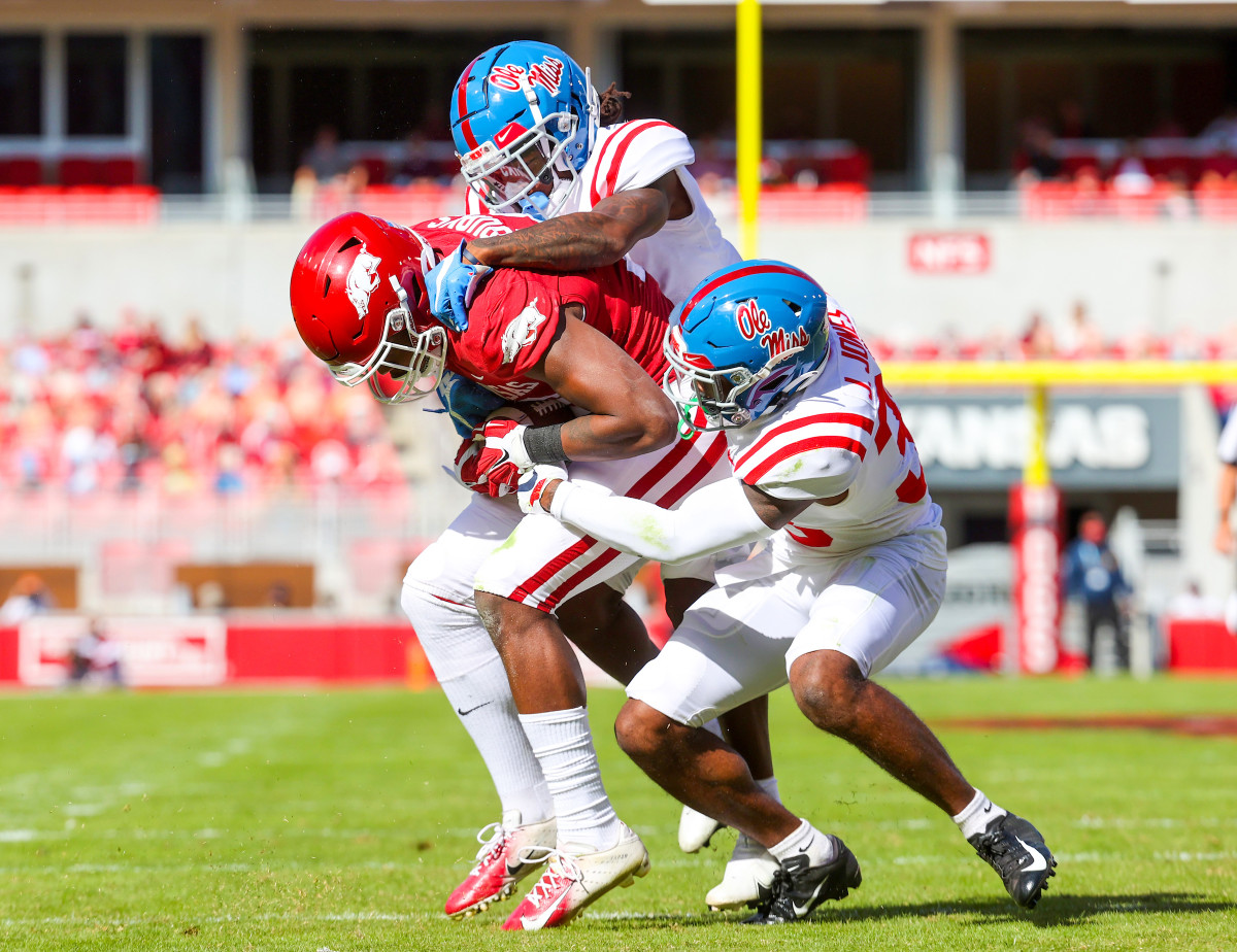 Ole Miss Football vs Arkansas on October 17th, 2020 in Fayetteville, Arkansas.Photo by Joshua McCoy/Ole Miss Athletics