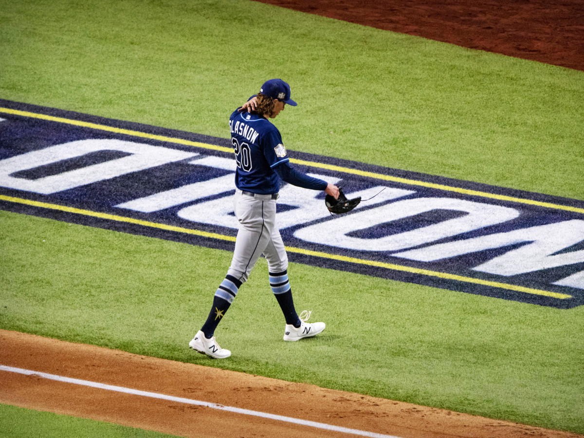 Oct 20, 2020; Arlington, Texas, USA; Tampa Bay Rays starting pitcher Tyler Glasnow (20) leaves the game against the Los Angeles Dodgers during the fifth inning in game one of the 2020 World Series at Globe Life Field.