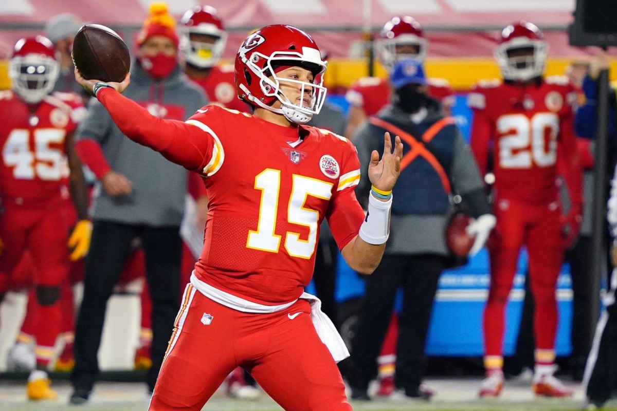 Dec 6, 2020; Kansas City, Missouri, USA; Kansas City Chiefs quarterback Patrick Mahomes (15) throws a pass during the first half against the Denver Broncos at Arrowhead Stadium. Mandatory Credit: Jay Biggerstaff-USA TODAY Sports