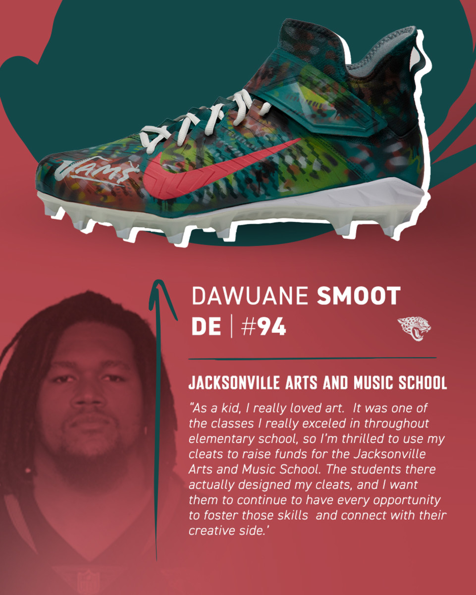 Smoot shows off his cleats that he'll wear on Sunday, painted by JAMS. Photo Courtesy: Jacksonville Jaguars