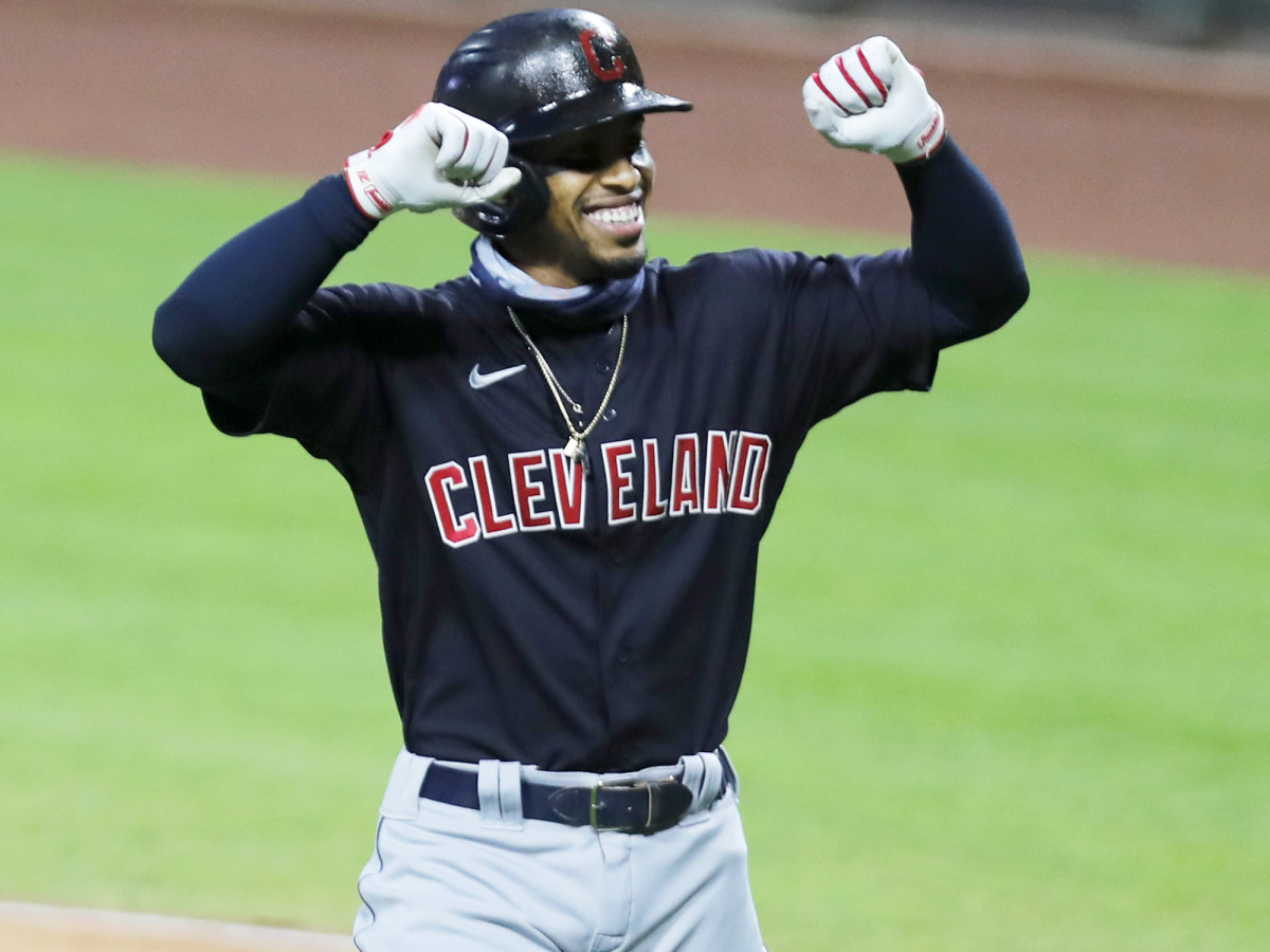 Aug 3, 2020; Cincinnati, Ohio, USA; Cleveland Indians shortstop Francisco Lindor (12) reacts after hitting a solo home run against the Cincinnati Reds during the first inning at Great American Ball Park.