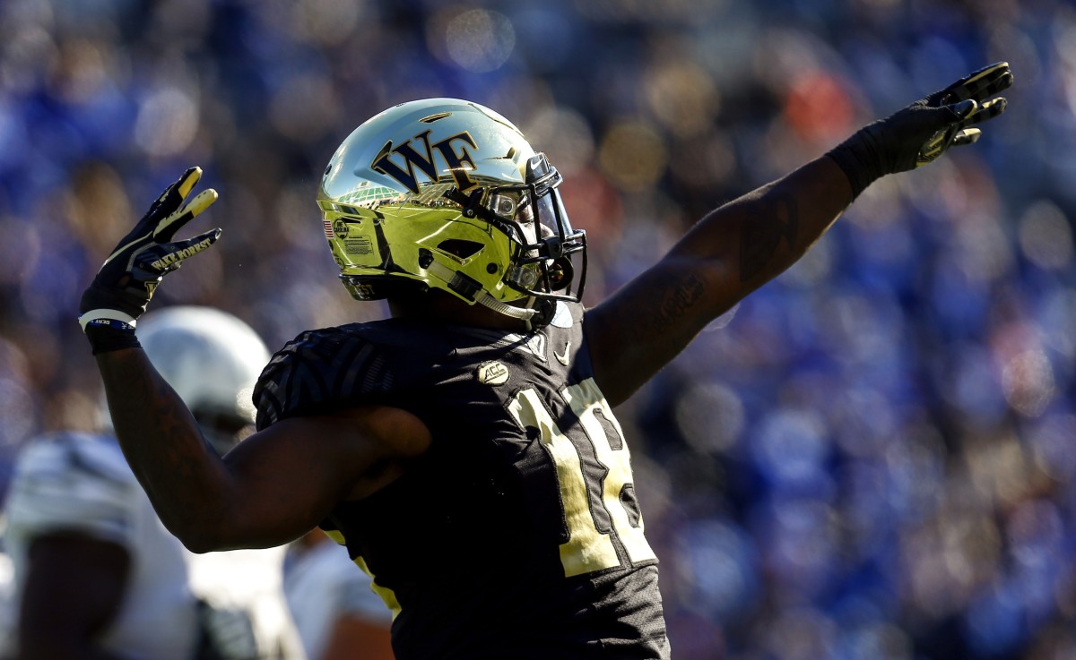 Dec 22, 2018; Birmingham, AL, United States; Wake Forest Demon Deacons defensive lineman Carlos Basham Jr. (18) celebrates after a sack on Memphis Tigers quarterback Brady White (3) during the first half of the Birmingham Bowl at Legion Field.