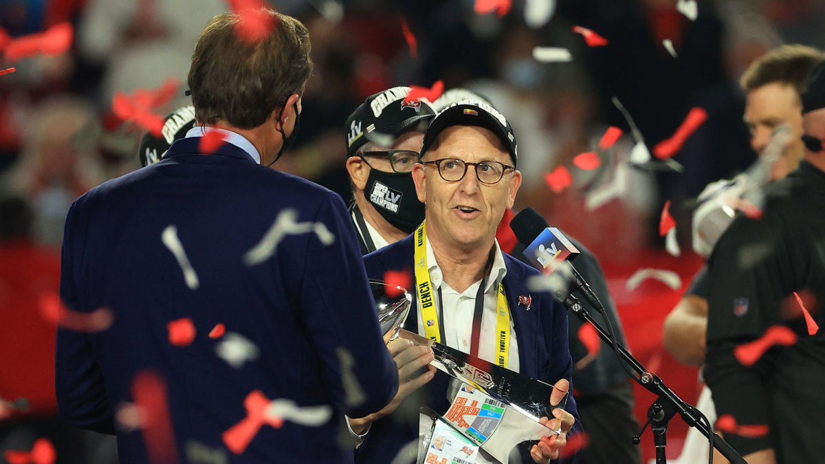 Joel Glazer with the Super Bowl trophy