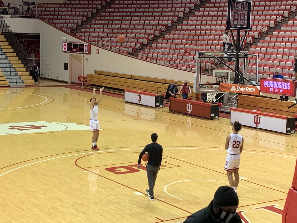 Trayce Jackson-Davis rebounds for freshman Anthony Leal after Wednesday’s game. 