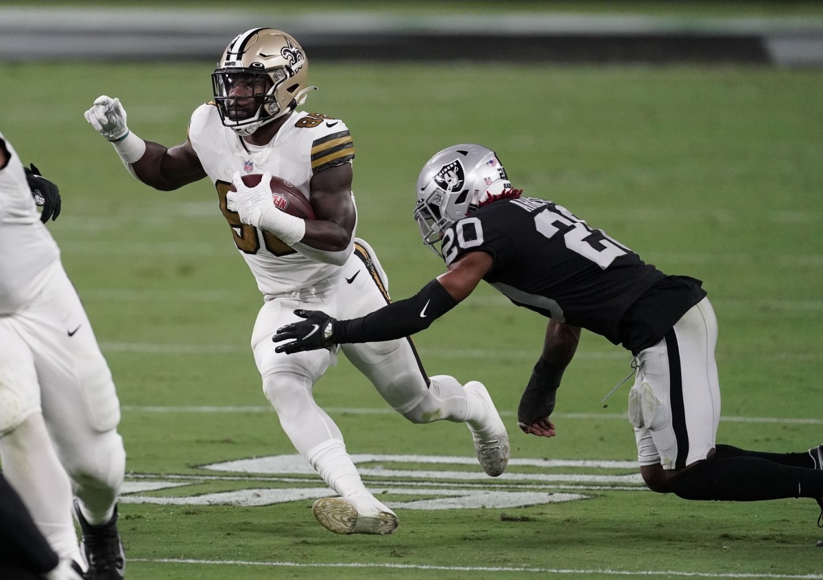 Sep 21, 2020; Paradise, Nevada, USA; Saints running back Ty Montgomery (88) runs the ball against Raiders cornerback Damon Arnette (20). Mandatory Credit: Kirby Lee-USA TODAY Sports
