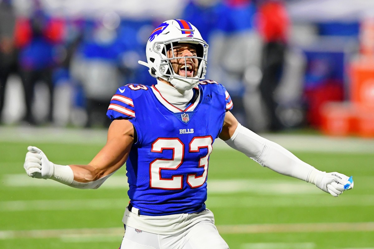 Buffalo Bills strong safety Micah Hyde reacts after a play against the Baltimore Ravens during the first half of an AFC Divisional Round playoff game at Bills Stadium