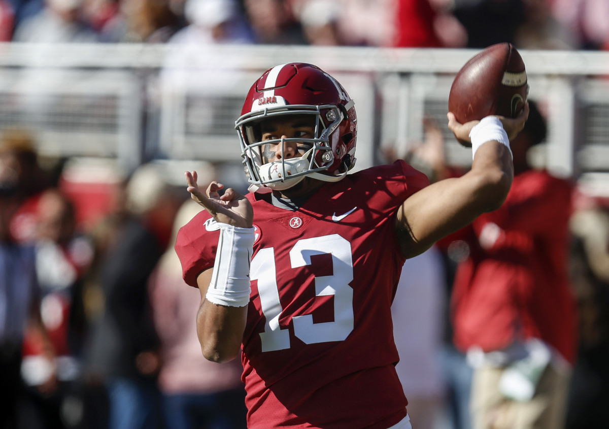 Nov 9, 2019; Tuscaloosa, AL, USA; Alabama Crimson Tide quarterback Tua Tagovailoa (13) warms up before the first half of an NCAA college football game against the LSU Tigers at Bryant-Denny Stadium. Mandatory Credit: Butch Dill-USA TODAY Sports
