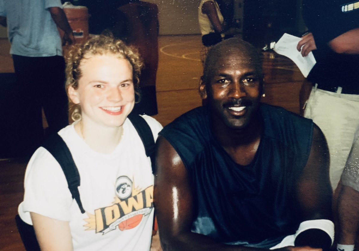 Mary Berdo with Michael Jordan at one of Jordan's camps at Elmhurst College in Chicago, 2001.