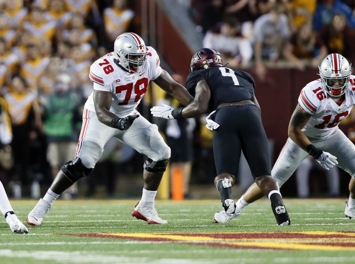 Nicholas Petit-Frere (78) has grown from 265 pounds as a freshman to 315 as a junior and this season has moved from right tackle to left tackle.