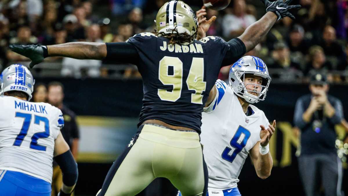 New Orleans DE Cameron Jordan pressures Lions QB Matthew Stafford during a 2017 game. Credit: Detroit Free Press