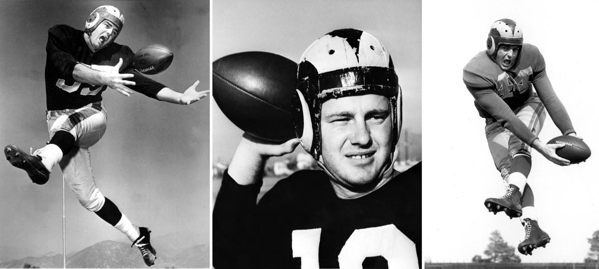 Rams players pose in the first helmet with a logo painted on it