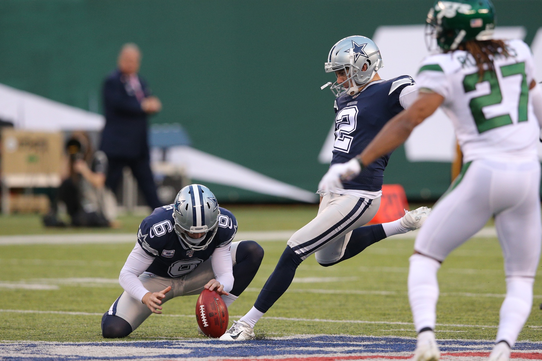 Oct 13, 2019; Dallas Cowboys kicker Brett Maher (2) kicks a 62-yard field goal against the New York Jets. Mandatory Credit: Brad Penner-USA TODAY 
