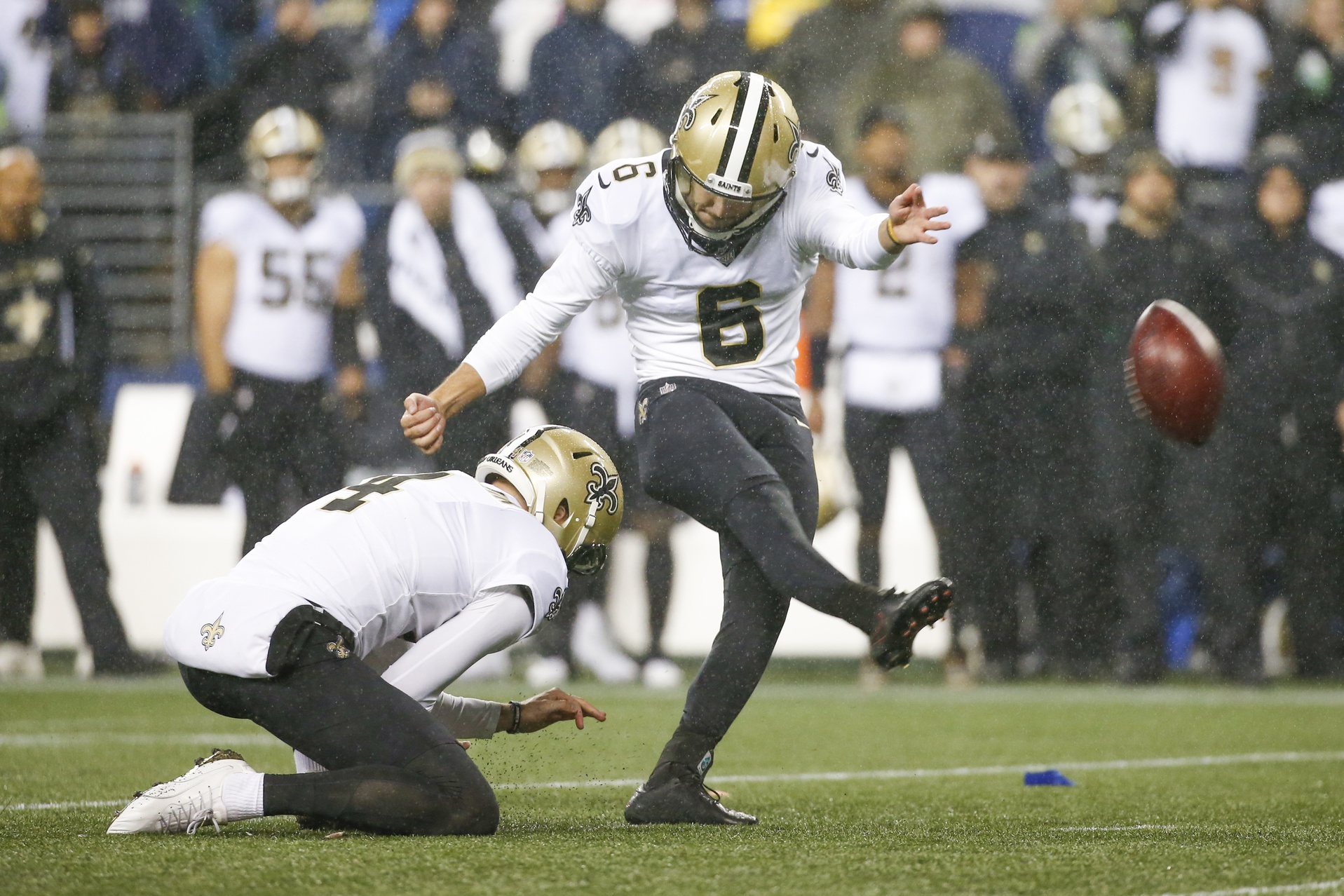 New Orleans Saints kicker Brian Johnson (6) kicks a field goal against the Seattle Seahawks. Mandatory Credit: Joe Nicholson-USA TODAY