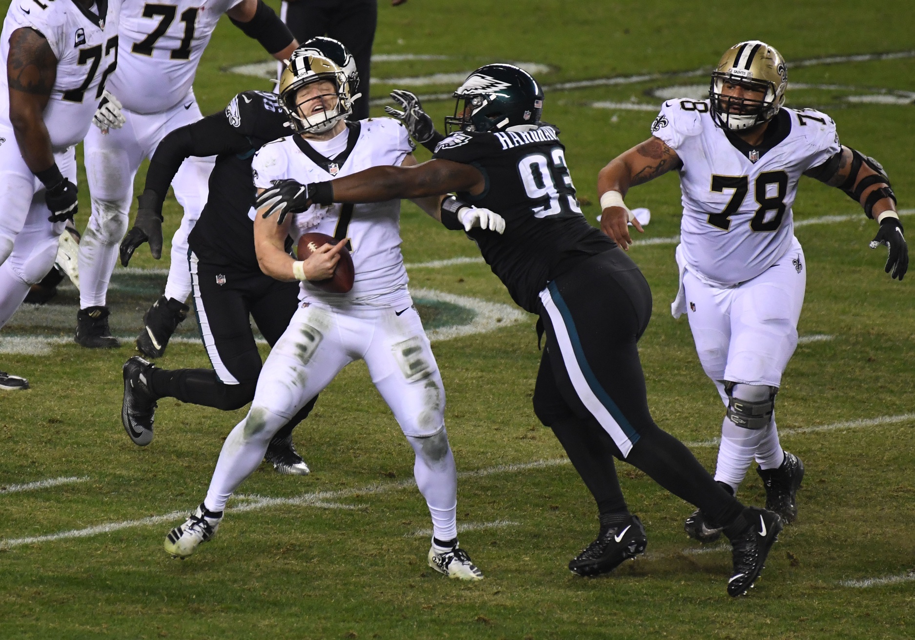 New Orleans Saints quarterback Taysom Hill (7) is pressured by Philadelphia Eagles nose tackle Javon Hargrave (93). Mandatory Credit: James Lang-USA TODAY Sports