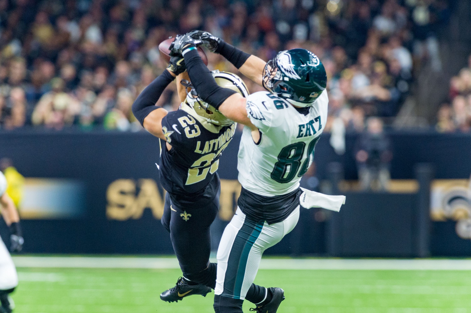 Saints Marshon Lattimore makes an interception against the Philadelphia Eagles © SCOTT CLAUSE/USA TODAY Network