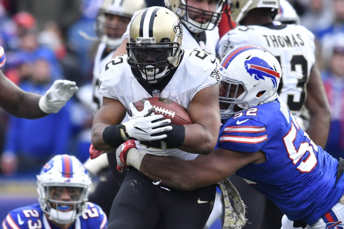 New Orleans Saints running back Mark Ingram (22) runs through Buffalo Bills defenders. Mandatory Credit: Mark Konezny-USA TODAY Sports