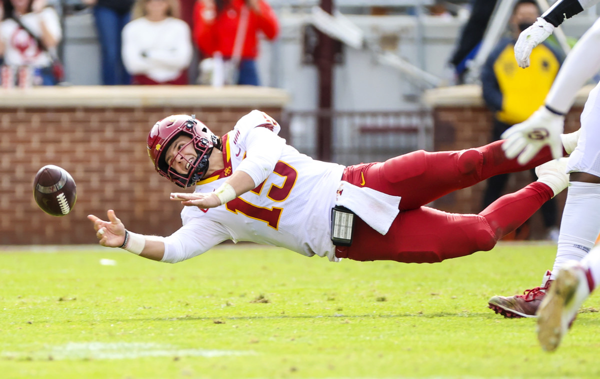 Nov 20, 2021; Norman, Oklahoma, USA; Iowa State Cyclones quarterback Brock Purdy (15) throws the ball during the second half against the Oklahoma Sooners at Gaylord Family-Oklahoma Memorial Stadium. Mandatory Credit: Kevin Jairaj-USA TODAY Sports