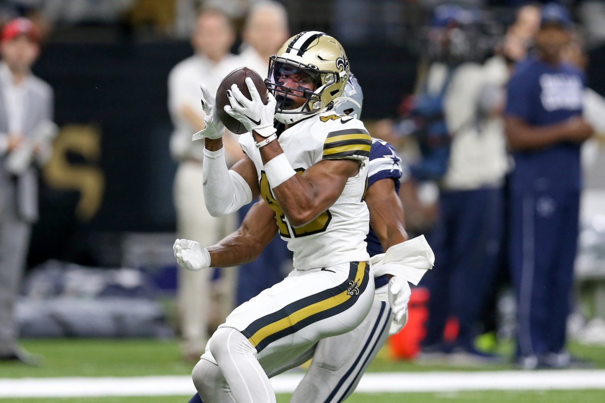 New Orleans Saints safety Marcus Williams (43) makes a game ending interception against the Cowboys. Mandatory Credit: Chuck Cook-USA TODAY Sports