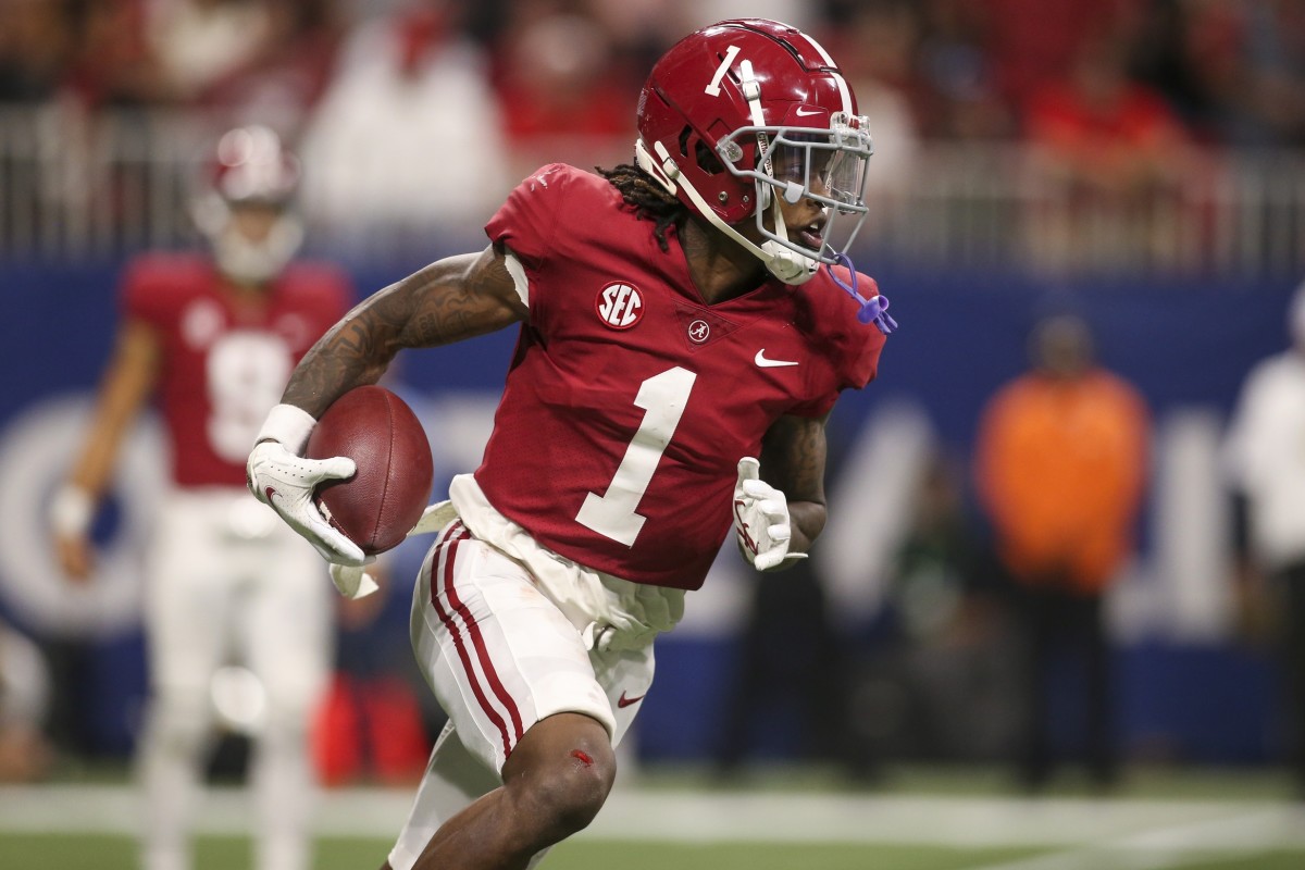 Dec 4, 2021; Atlanta, GA, USA; Alabama Crimson Tide wide receiver Jameson Williams (1) runs after a catch against the Georgia Bulldogs in the second half during the SEC championship game at Mercedes-Benz Stadium.