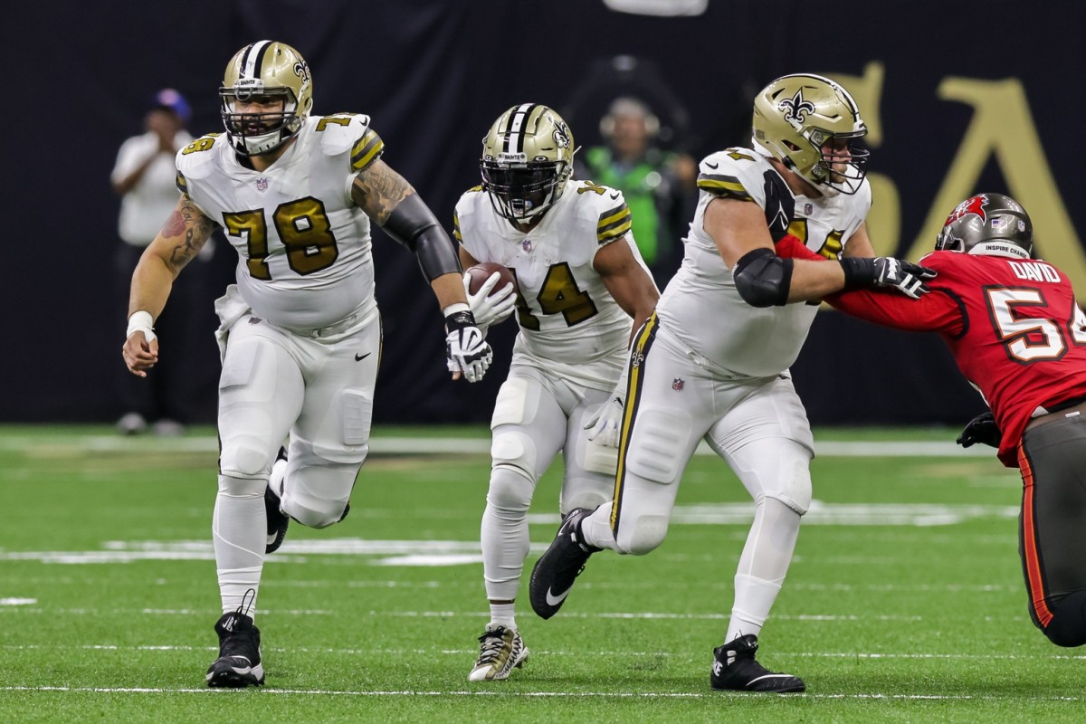 New Orleans Saints center Erik McCoy (78) blocks for running back Mark Ingram II (14) against Tampa Bay. Mandatory Credit: Stephen Lew-USA TODAY