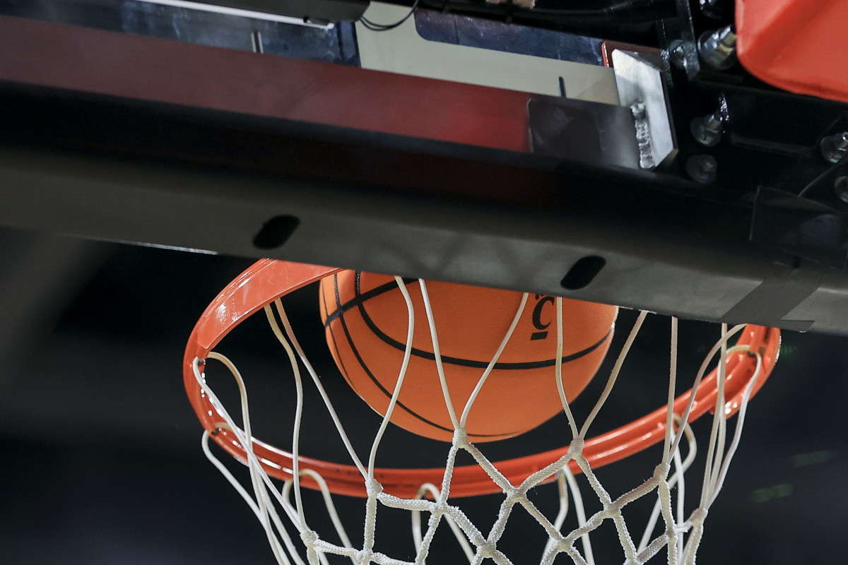 Dec 21, 2021; Cincinnati, Ohio, USA; A view of the Cincinnati logo on the game ball during a free throw attempt between the Tennessee Tech Golden Eagles and the Cincinnati Bearcats at Fifth Third Arena. Mandatory Credit: Aaron Doster-USA TODAY Sports