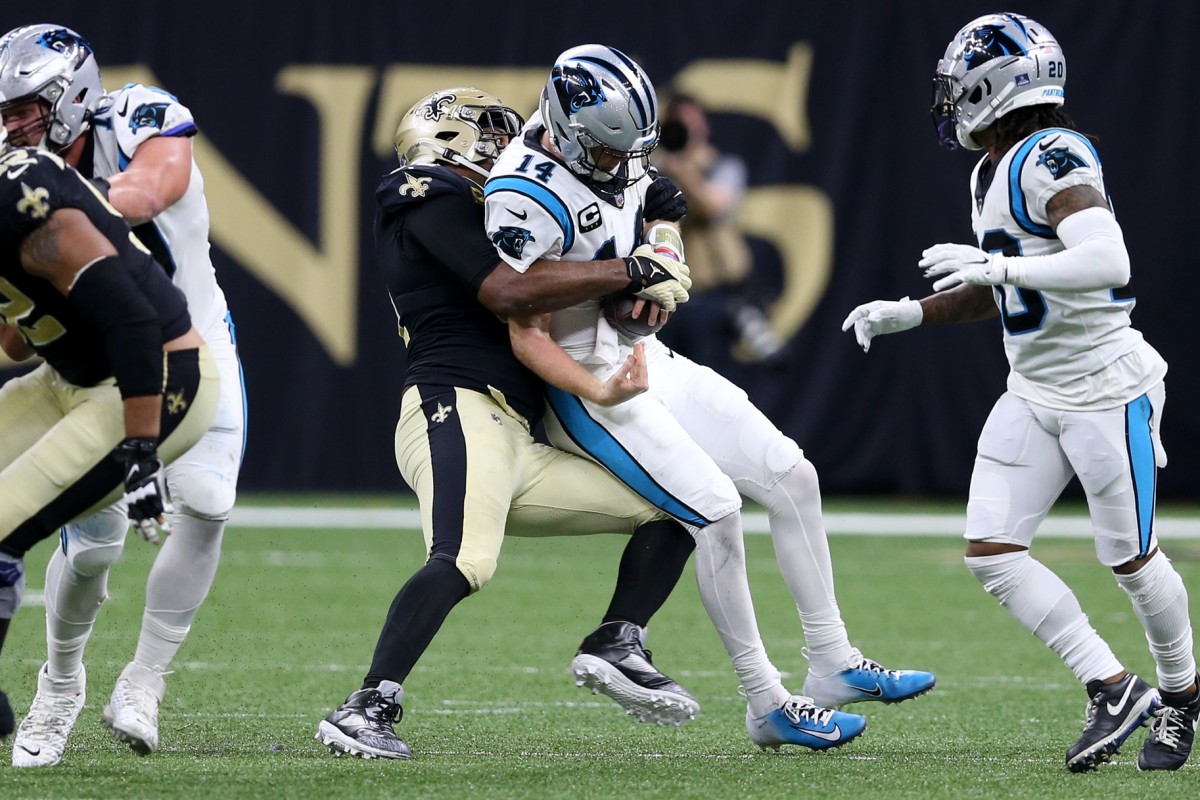 New Orleans Saints defensive end Cameron Jordan (94) sacks Carolina Panthers quarterback Sam Darnold (14). Mandatory Credit: Chuck Cook-USA TODAY Sports