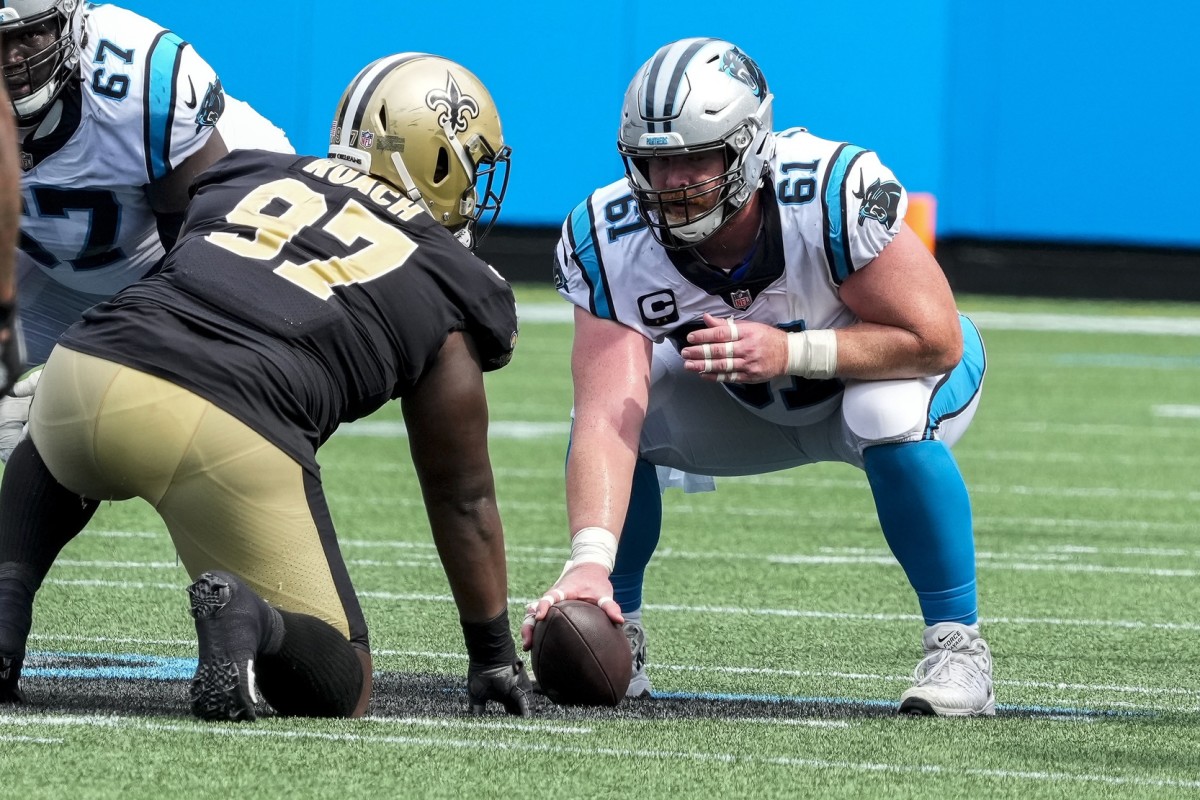 New Orleans Saints defensive end Malcolm Roach (97) lines up against Carolina Panthers center Matt Paradis (61). Mandatory Credit: Jim Dedmon-USA TODAY Sports